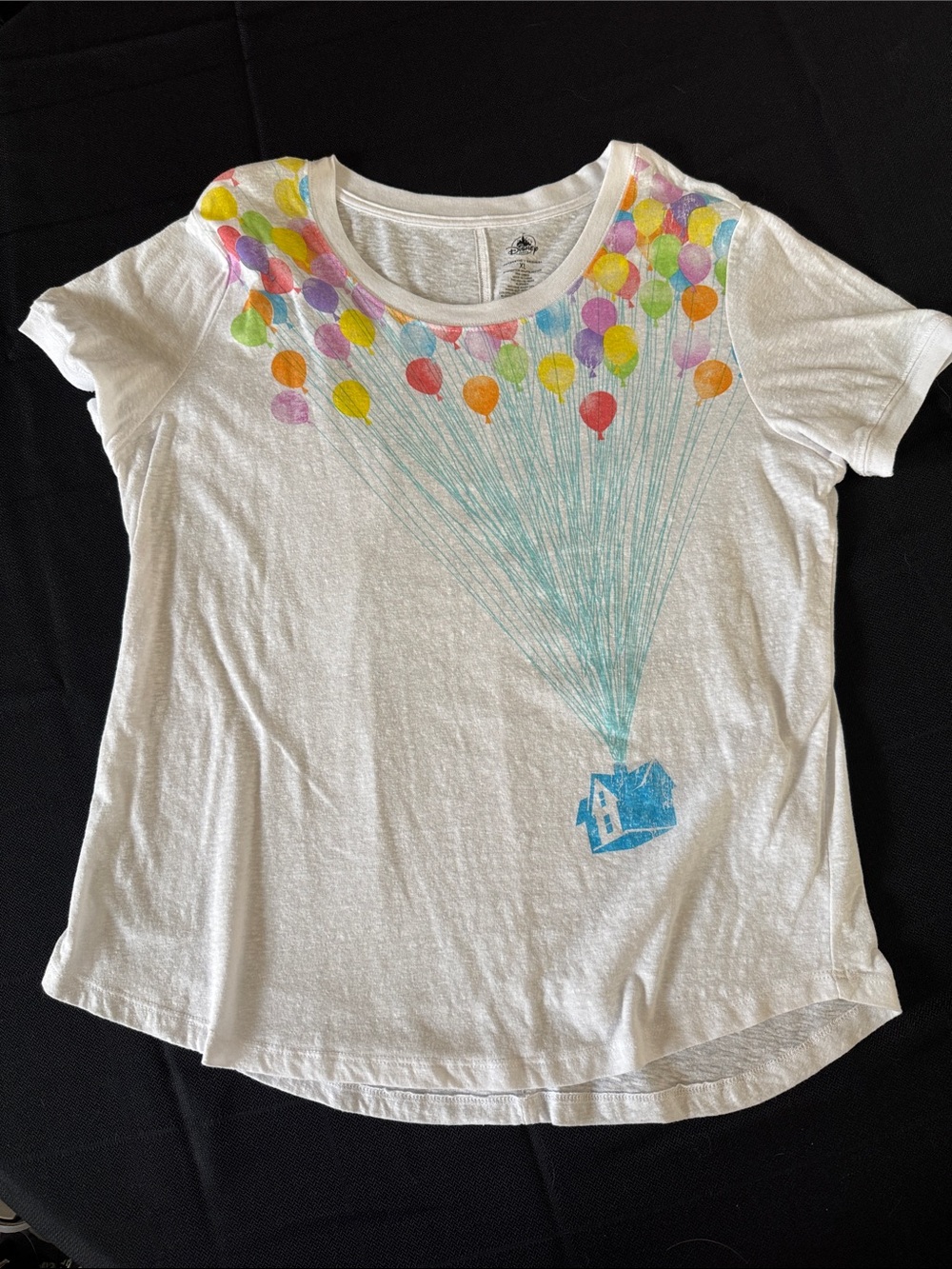 Disney “Up” Movie White Tee with Colorful Balloon & Blue House Graphic